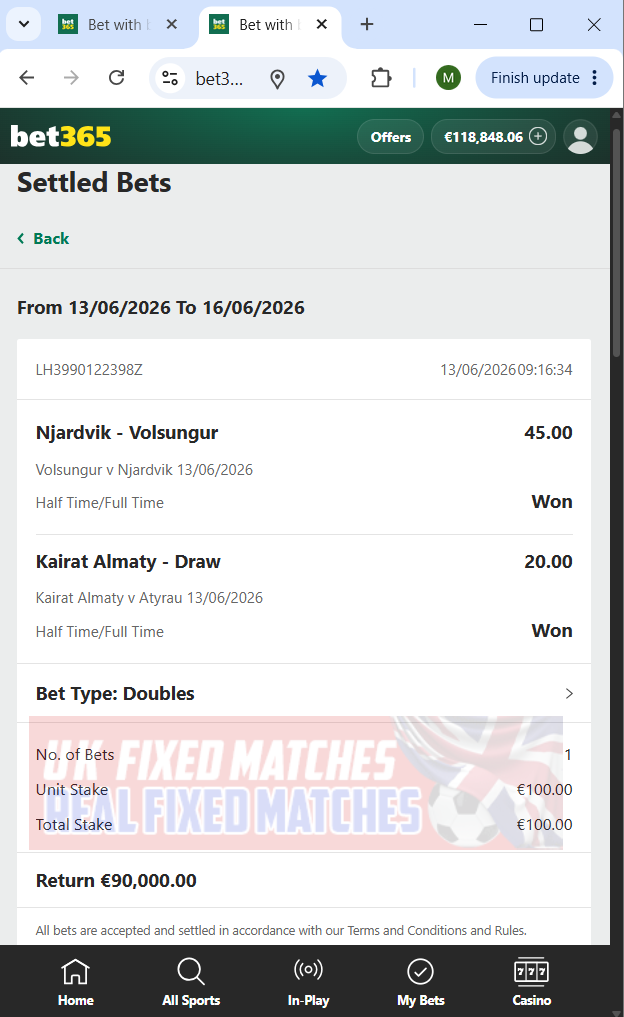 fixed matches ht ft 13.06.2026